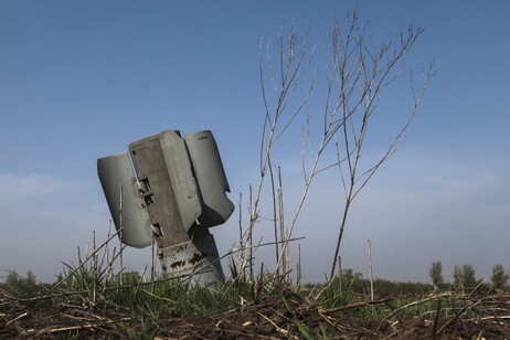Debris of a self-propelled rocket lies in a field near the village of Novoyakovlivka, Zaporizhzhia