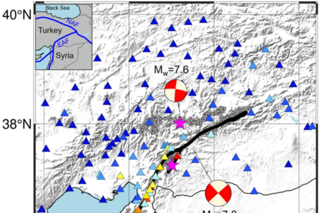 L'area tra Turchia e Siria colpita dal terremoto del 2023 e la localizzazione delle stazioni sismiche (fonte: Communications Earth &amp; Environment, 2024)